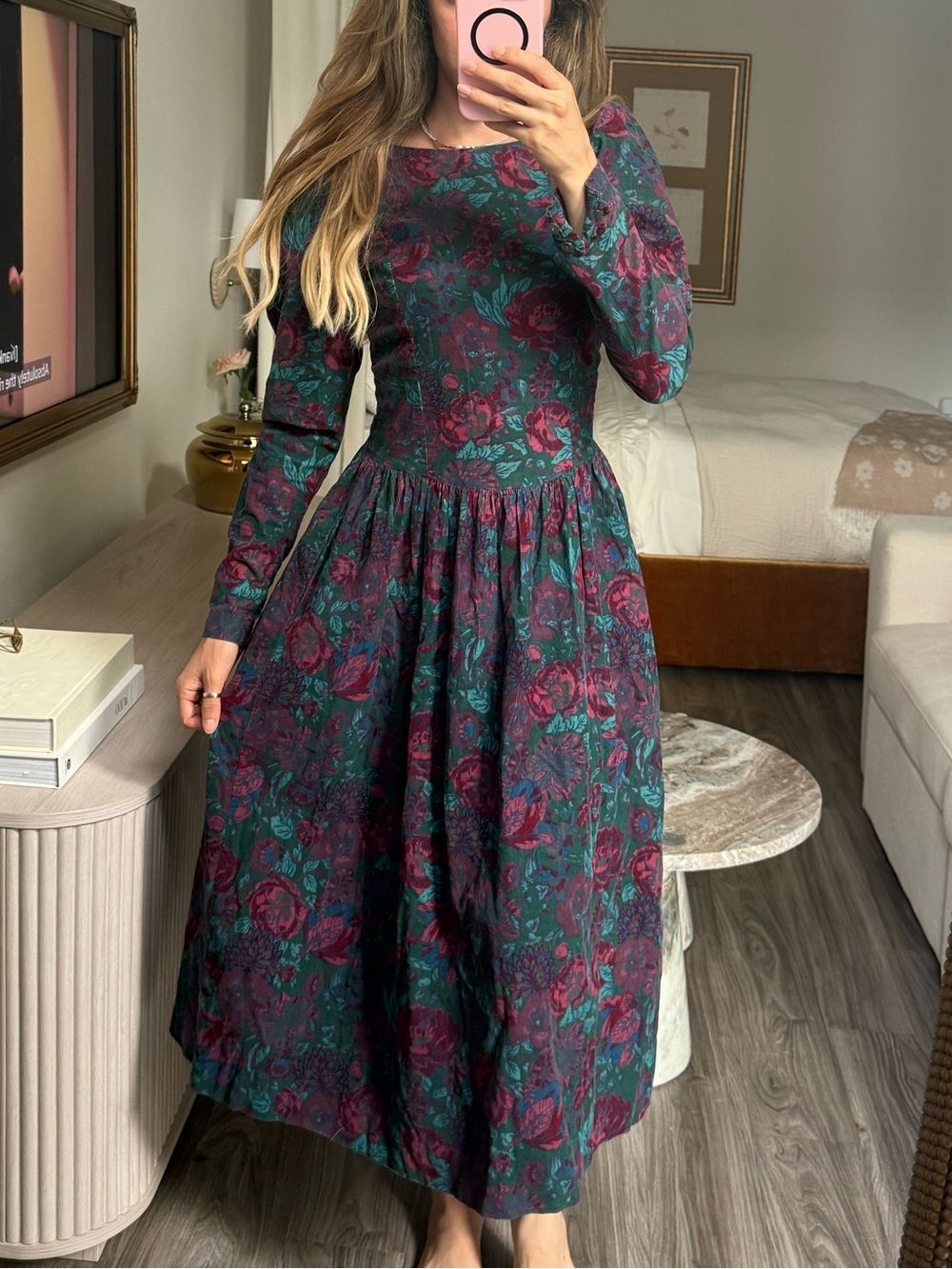 Vintage Laura Ashley Floral tapestry Corduroy Midi Dress Made Great Britain